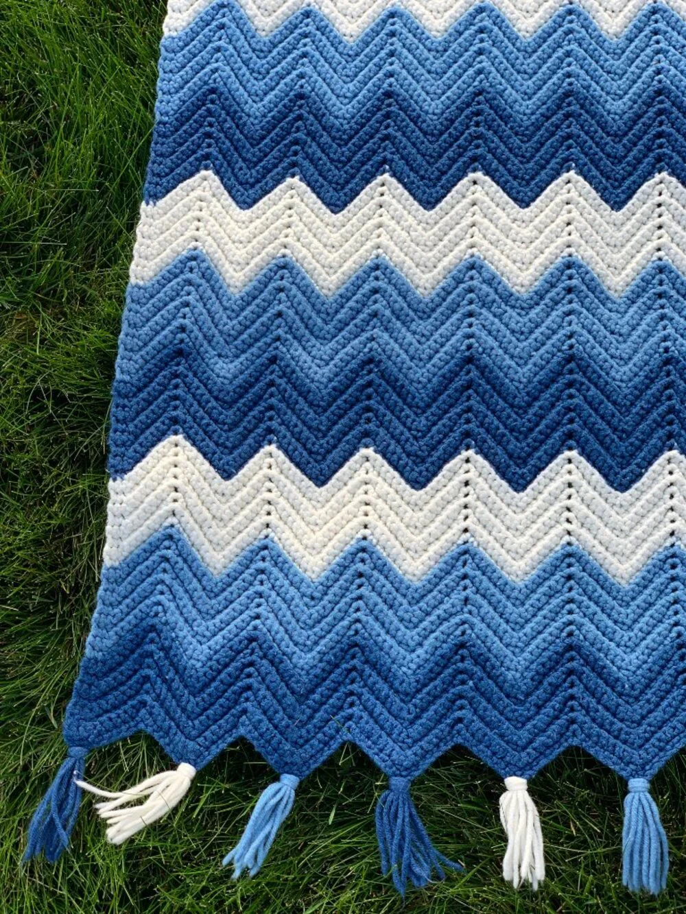 Vintage 80s Crochet Afghan Blue Chevron Hand Knit Wool Throw Boho Retro Blanket